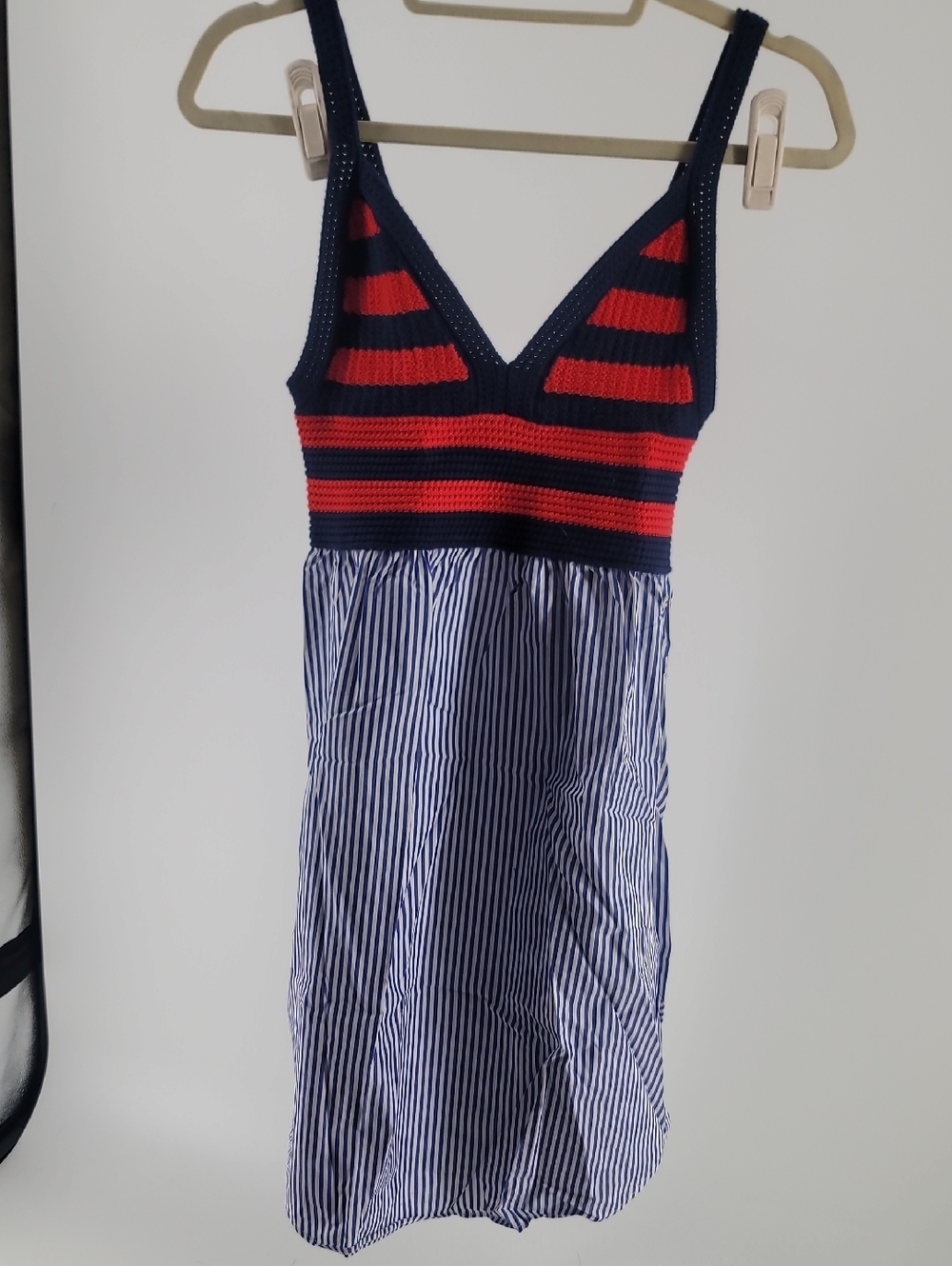 KULE Navy and Red Crochet-Style Striped Knit Top